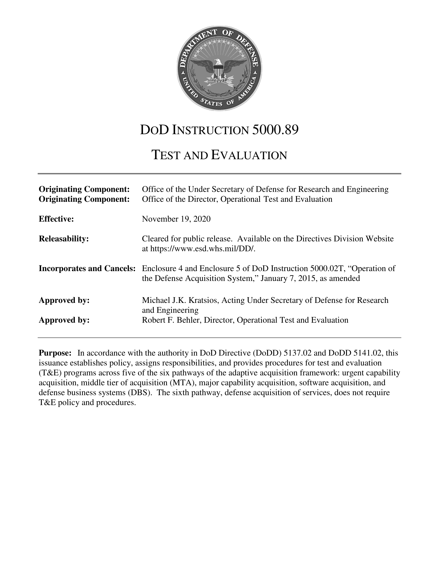 国防部指示 DODI 5000.89 试验与鉴定 DOD INSTRUCTION 5000.89 TEST AND EVALUATION ...